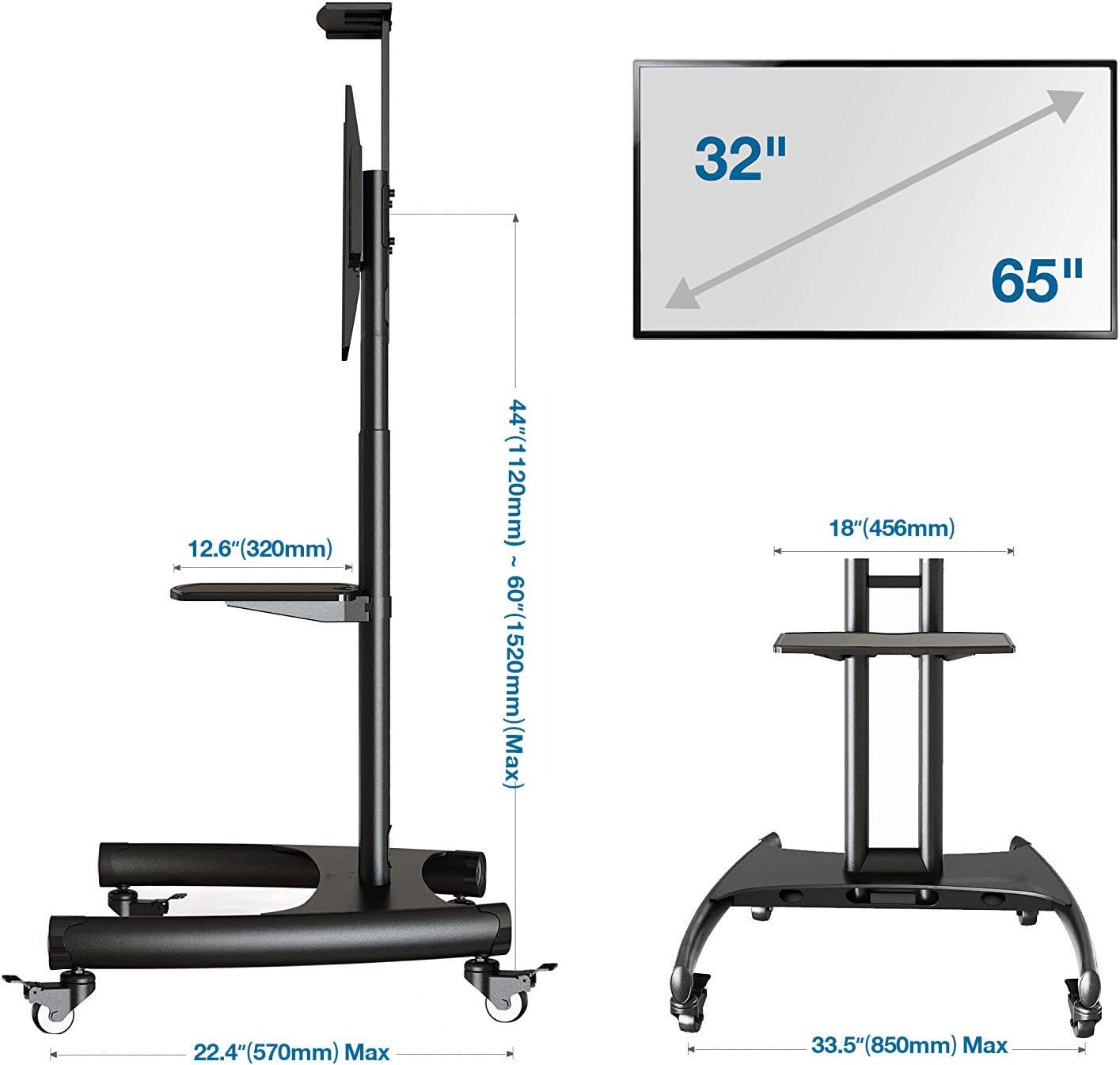 NB North Bayou Mobile TV Cart TV Stand with Wheels for 32 to 65 Inch LCD LED OLED Plasma Flat Panel Screens up to 100lbs AVA1500-60-1P (Black): Electronics