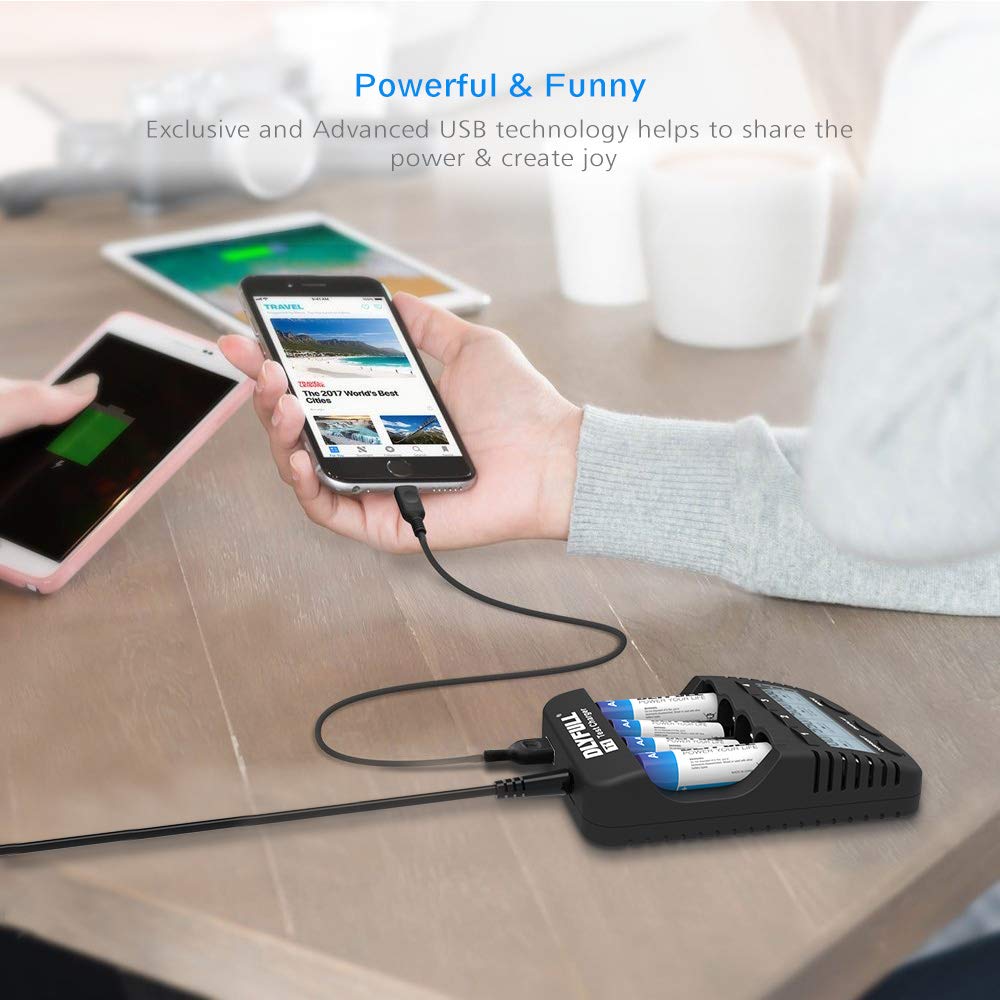AA Battery Charger, Dlyfull LCD Display Smart Charger(Test, Refresh, Discharging) for 1.2V Ni-MH Ni-CD 4 AA & AAA Rechargeable Batteries with 1000mA charge current + USB Port