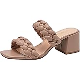 Athlefit Women's Braided Heeled Sandals Strappy Square Open Toe Heels Backless Mules Slip On Block Heels