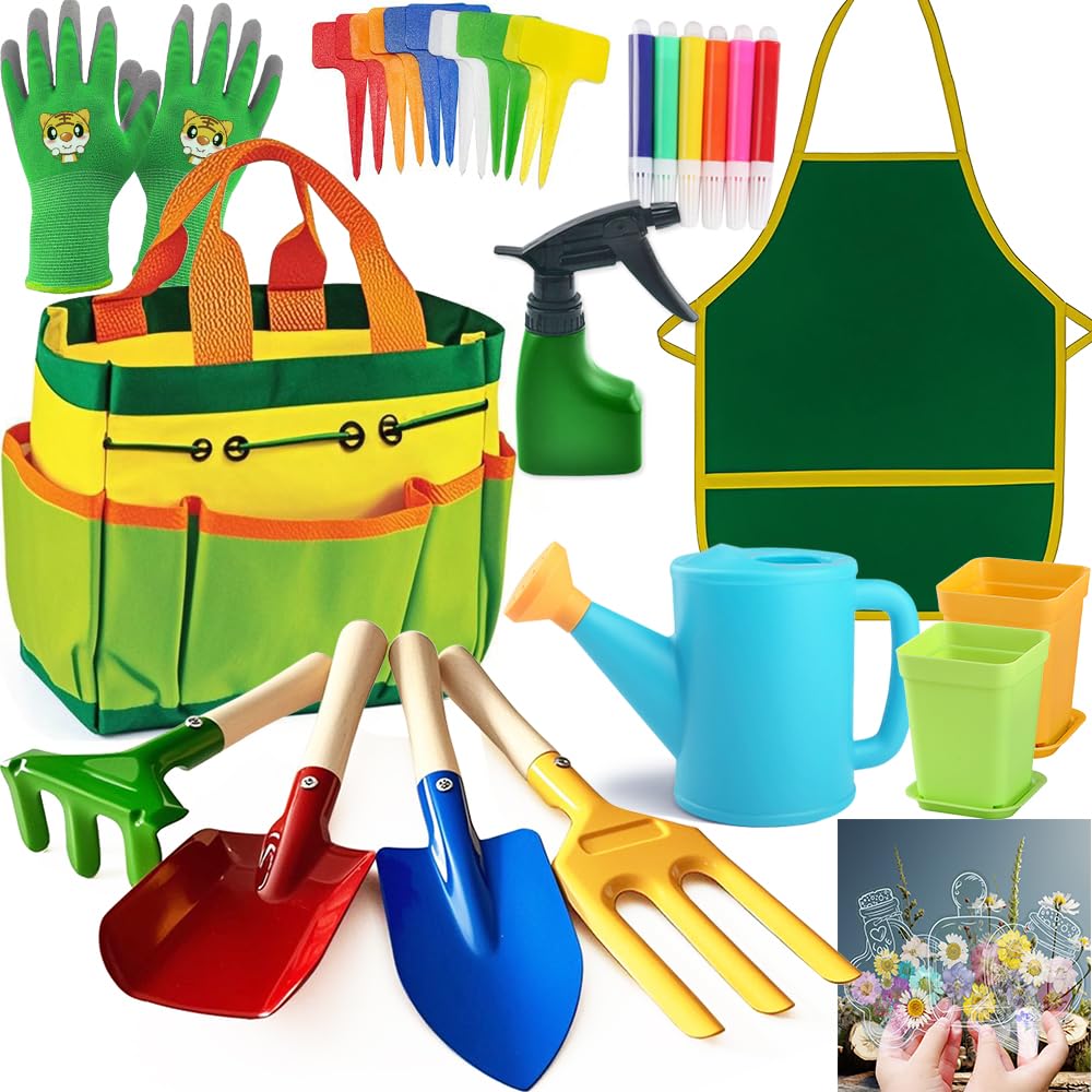 Photo 1 of Kids Garden Tools Set Includes Rake, Shovel, Trowel, Apron Gloves Watering Can and Tote Bag, Children Hat, Spray Bottle, Toddler Gardening Tools Best Outdoor Toys Gift for Boys and Girls