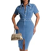 Denim Dress for Women Bodycon Sexy Short Sleeve Jean Split Workwear Dresses with Zipper Club Party Night