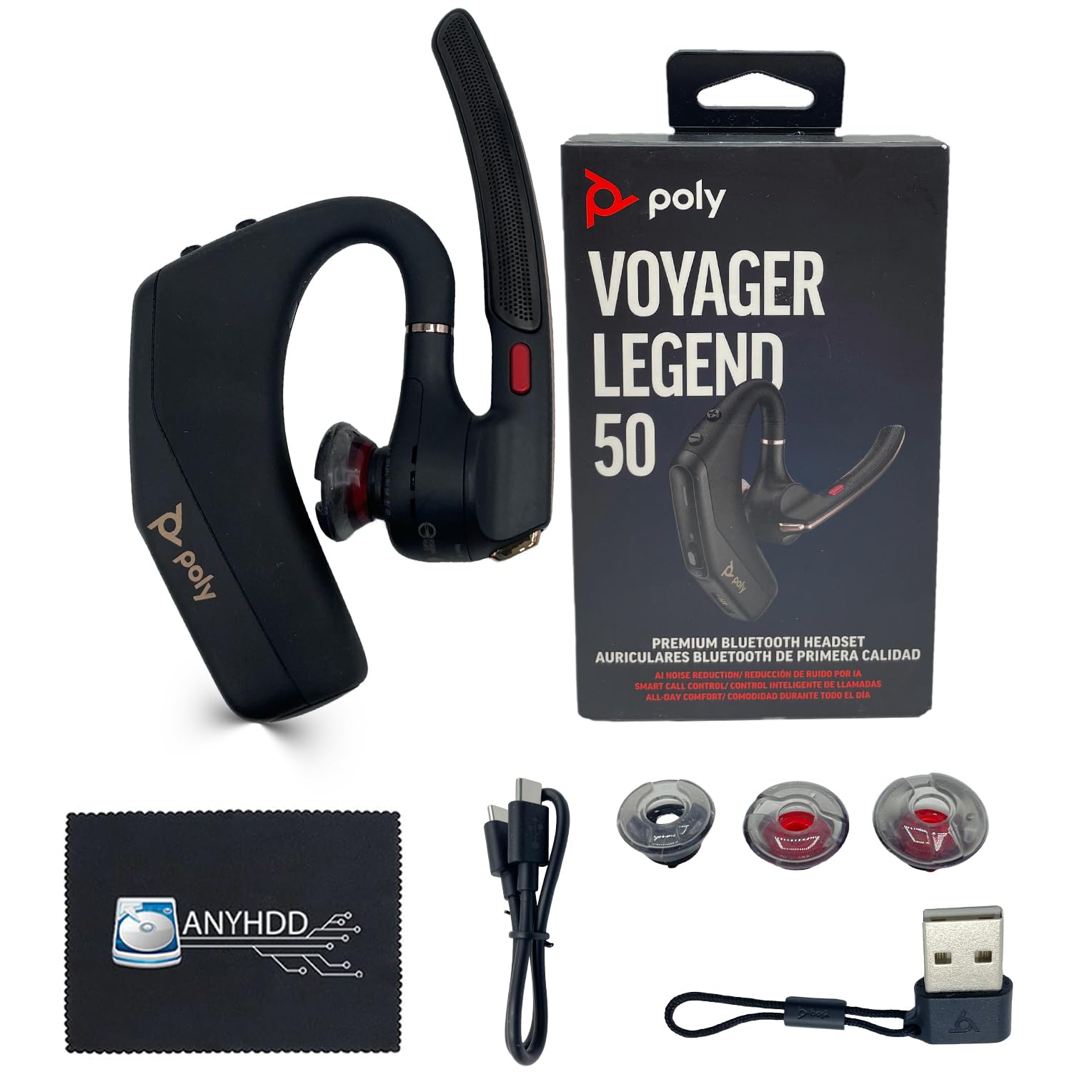 ANYHDD Poly Legend Voyager 50 para auriculares Bluetooth - 4 micrófonos con cancelación de ruido, PC, iOS, Mac, tableta, incl. + Cable de carga + Dongle USB + USB A-C + Paño de microfibra