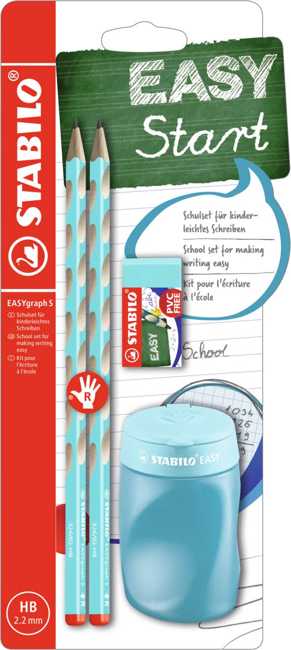 STABILO Handwriting Pencil EASYgraph S School Set - Right-Handed - Pencil x 2 + EASYsharpener + EASYeraser - blue
