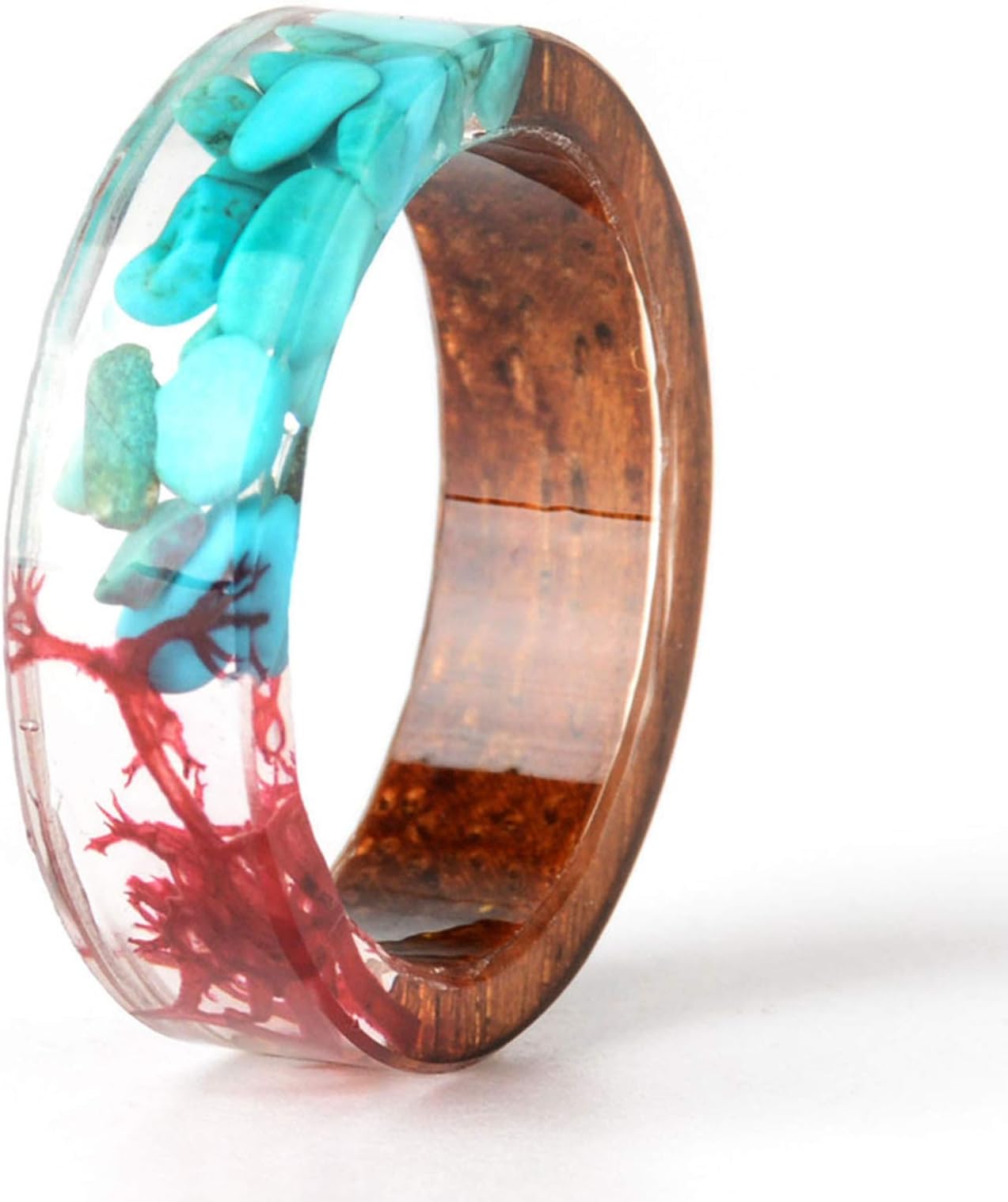 Unique Wood Plastic Resin Ring with Turquoise Insided Transparent Crystal Band Ring Best Handmade Gift for Her