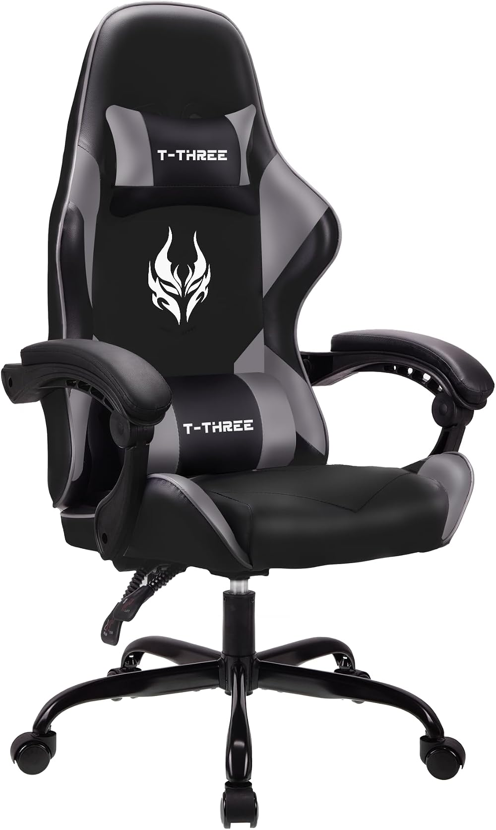 T-THREE Ergonomic High-Back Gaming Chair with Lumbar Headrest Gray