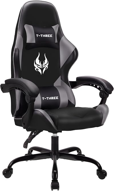 T-THREE Ergonomic High-Back Gaming Chair with Lumbar Headrest Gray