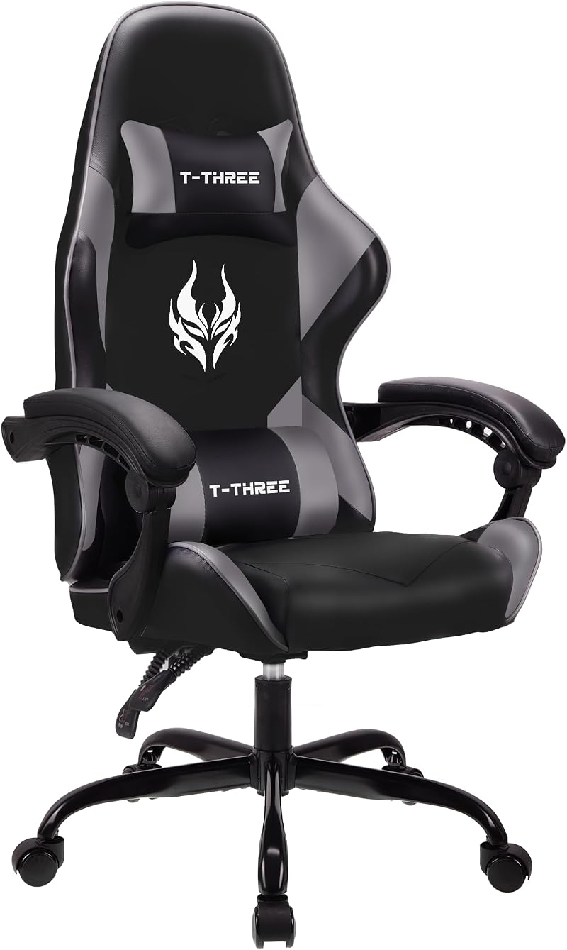 T-THREE Ergonomic High-Back Gaming Chair with Lumbar Headrest Gray