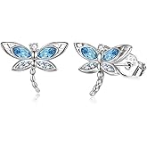 AOBOCO Dragonfly Earrings Studs with Crystal Sterling Silver Dragonflies Jewelry Gifts for Women Birthday Christmas Gifts