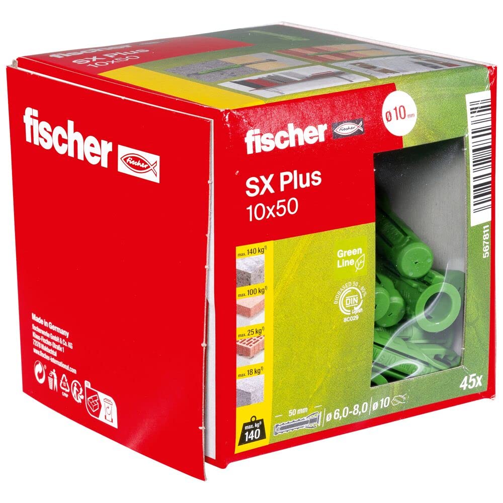 fischer Expansion dowels SX Plus Green 10 x 50, Box of 45 Sustainable dowels, All-Purpose dowels Made from Renewable raw Materials, Optimal Hold in Concrete, Solid Brick, aerated Concrete, Perforated