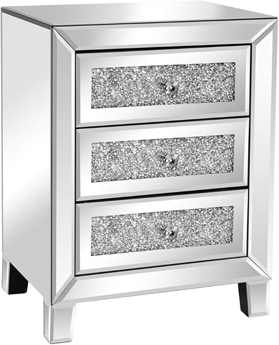 VINGLI Mirrored Nightstand with 3 Drawers Modern End Table Bed Side Table with