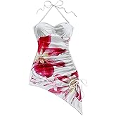 Milumia Women's Floral Halter Mini Dress Tie Backless Drawstring Asymmetrical Hem Short Dresses