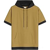XIAOYAO Mens Short Sleeve Hoodie Soft Cotton Color Block Moisture Wicking Big Pocket Streetwear Short Sleeve Sweatshirt