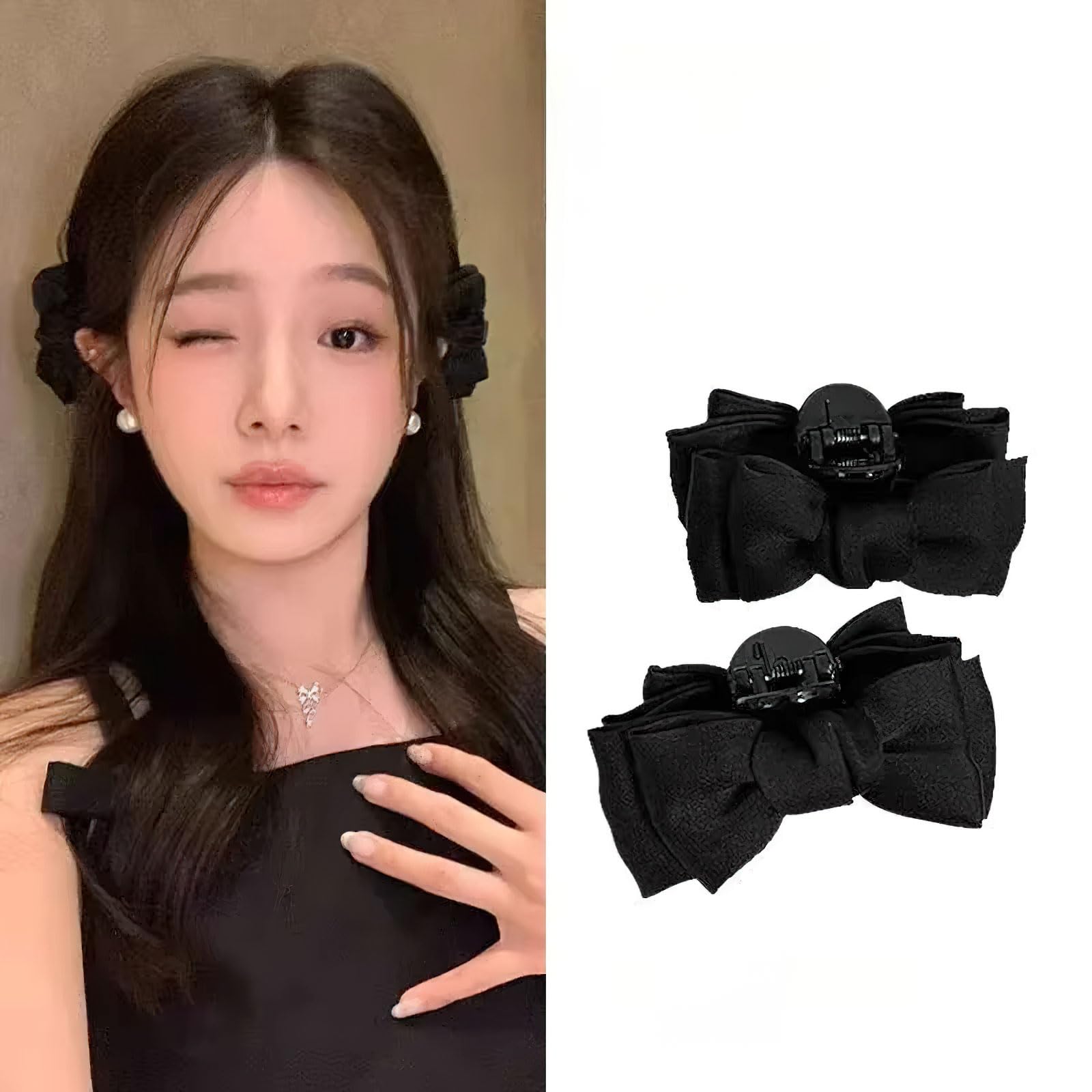 Photo 1 of 2 PCS Bow Hair Claw Clips Black Satin Bowknot Clip Nonslip Bow Princess Head Elf Ear Hair Side Clip Forehead Bangs Small Hair Claw Clamp Sweet Headdress for Women