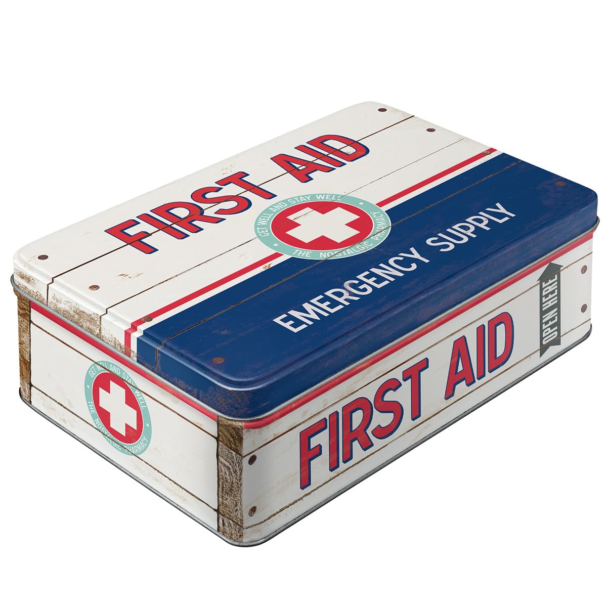 Nostalgic-Art 30721 - Nostalgic Pharmacy, First Aid Blue - Emergency Supply - Retro Tin Box Flat