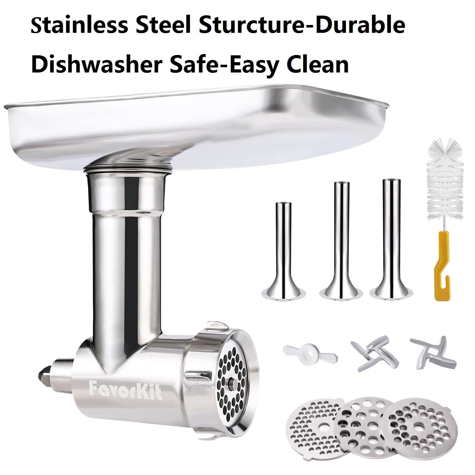 FavorKit Stainless Steel Food Grinder Attachment for KitchenAid Mixers, Dishwasher Safe Meat Processor Accessories Included 3 Sausage Stuffer Tubes
