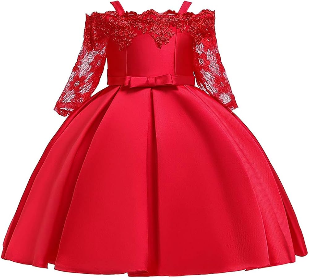 20KyleBird Off Shoulder Appliques Flower Girl Dresses Red Long Sleeve