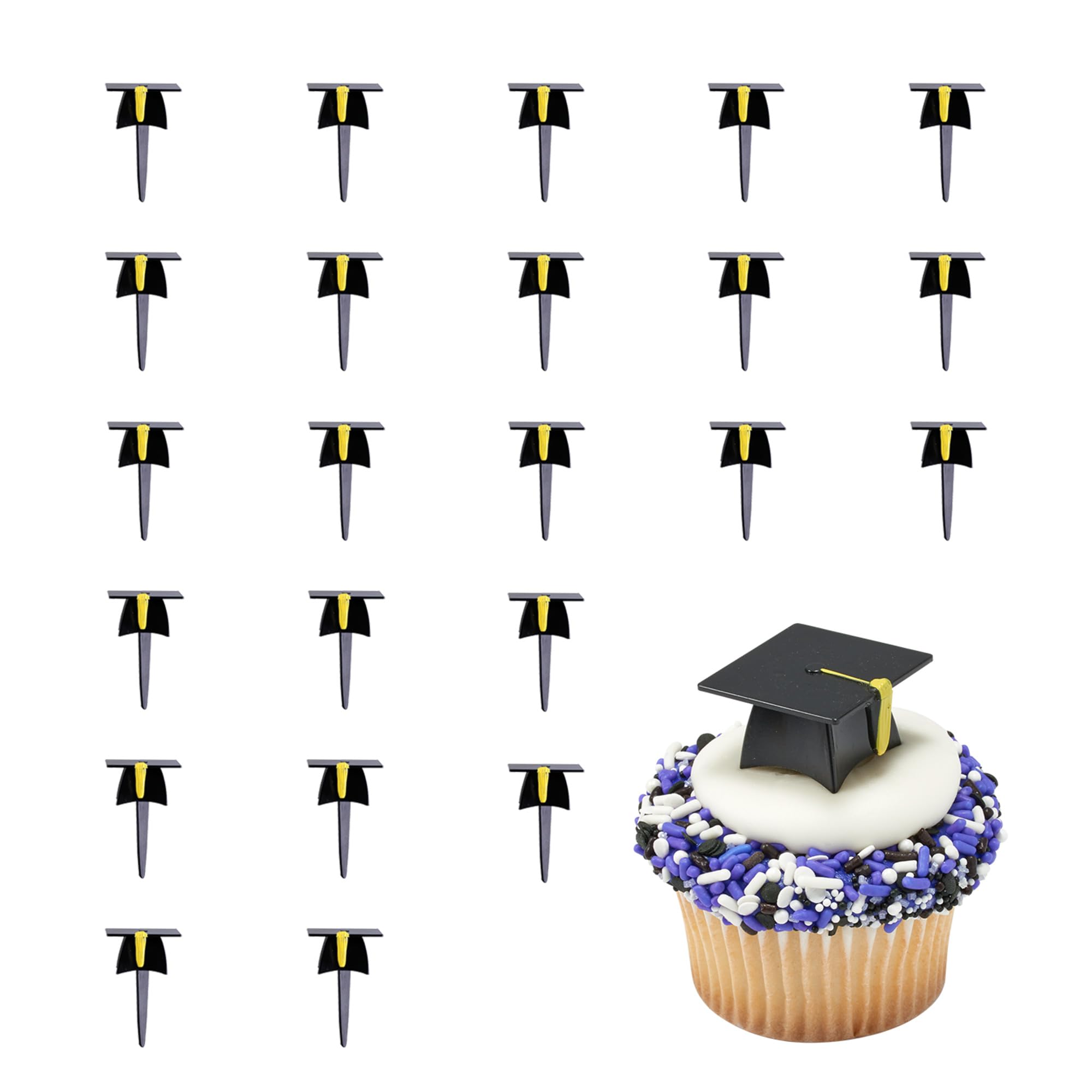 Photo 1 of DecoPac Grad Hat Cupcake Toppers, 24 Graduation Cake Pics, Black Grad Hat DecoPics, Food Safe Cake Decorations - 24 Pack
