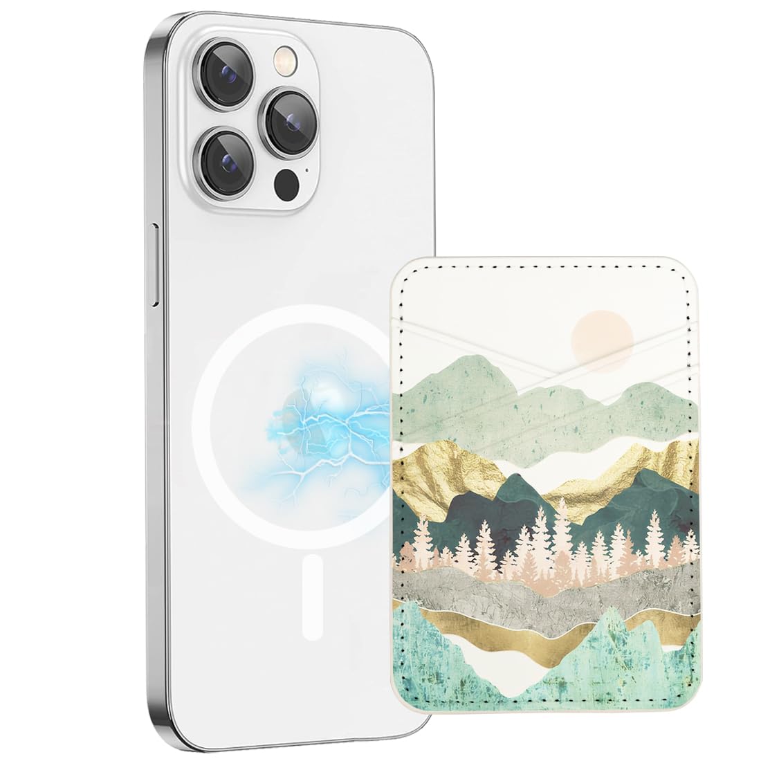 BayPastel X for Magsafe Wallet, Magnetic Wallet Card Holder for iPhone 17/16/15/14/13/12 Pro/Max/Plus/Mini Case, Strong Magnet Phone Pocket Cute Design Credit Card Fit 3 Cards (Sun Mountains Forest)