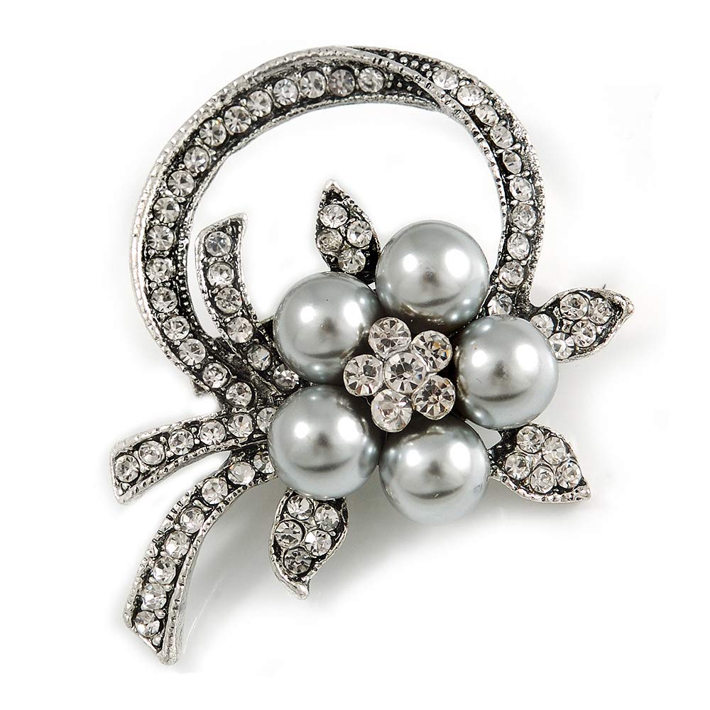 Vintage Inspired Floral Crystal Brooch In Aged Silver Tone (Grey/Clear) - 50mm Across