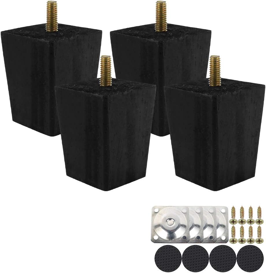 Jetcloud 4Pcs Solid Oak Wood Furniture Legs 6cm Square Tapered Black