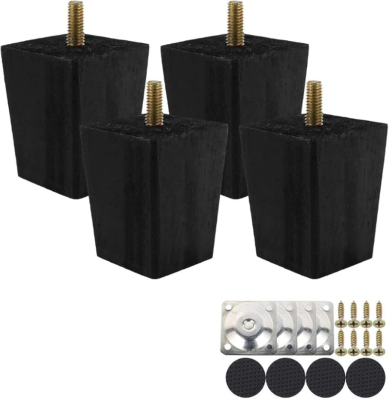 Jetcloud 4Pcs Solid Oak Wood Furniture Legs 6cm Square Tapered Black