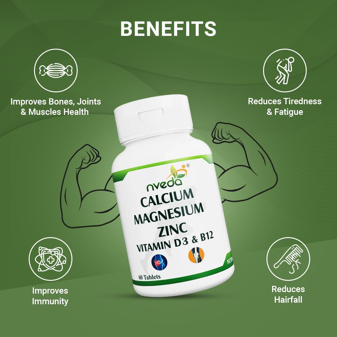 Nveda Calcium Supplement 1,000 mg with Vitamin D, Magnesium, Zinc & Vitamin B 12 for Men & Women/for Immunity, Bone & Joint Support -Pack of 2 120 Tablets