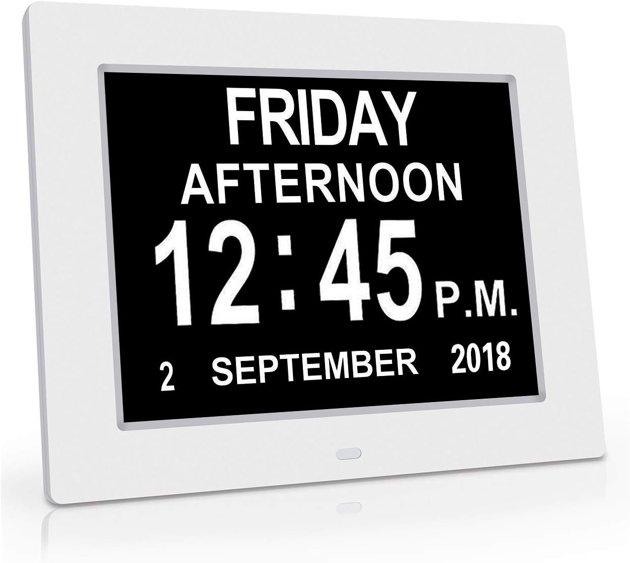YCOO [Newest Version] Digital Day Calendar Alarm Clock- 12 Alarms,Non-Abbreviated Day & Month Memory Loss,Dementia,Alzheimer's Vision Impaired Clock for Elderly/Seniors (8'' White)