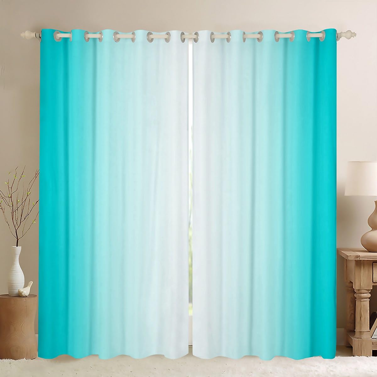Homemissing Teal Blue and White Darkening Drapes Gradient Style Curtains for Bedroom Living Room For Kids Women Men Ombre 30%-50% Blackout Curtains Geometric Window Treatments W46*L72
