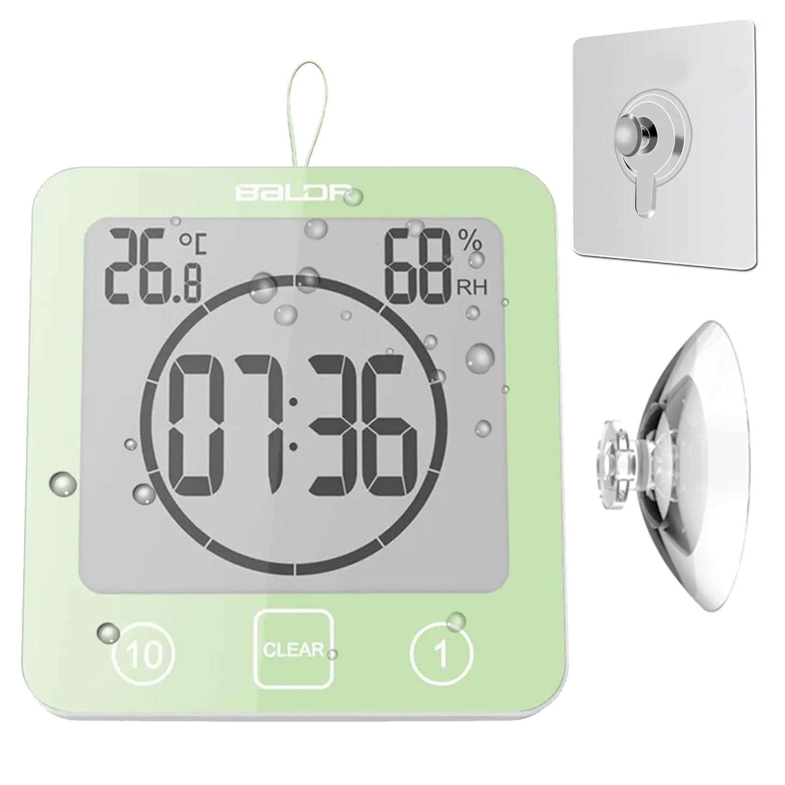 Waterproof Bathroom Wall Clock Shower Timer, Digital Large Visual Countdown Alarm Clock with Temperature Humidity, Mirror Suction & Rope Hanging & Stand, Easy Table Timer for Bath Kitchen Spa (Green)