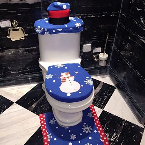 Olibay Christmas Santa Snowman Blue Bathroom Toilet Seat Cover and Rug Set Water Tank Paper Towel Cover 4Pcs