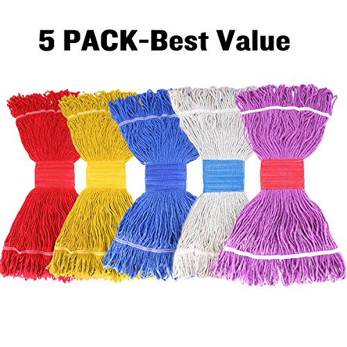 Bonison 16 oz Cotton Easy Wring Saddle Mop Head Refill, Heavy Duty Looped-End String Swinger Style Replacement Mop Head, for Home, Commercial, and Industrial Use (5 Pack Multi Color, 16 oz)