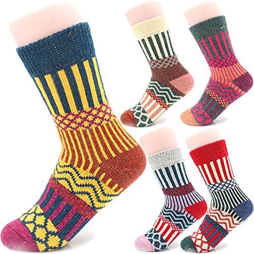 Wool Socks,ShengTS Women's Winter Warm Thickened Crew Socks 5 Pair (Grid)