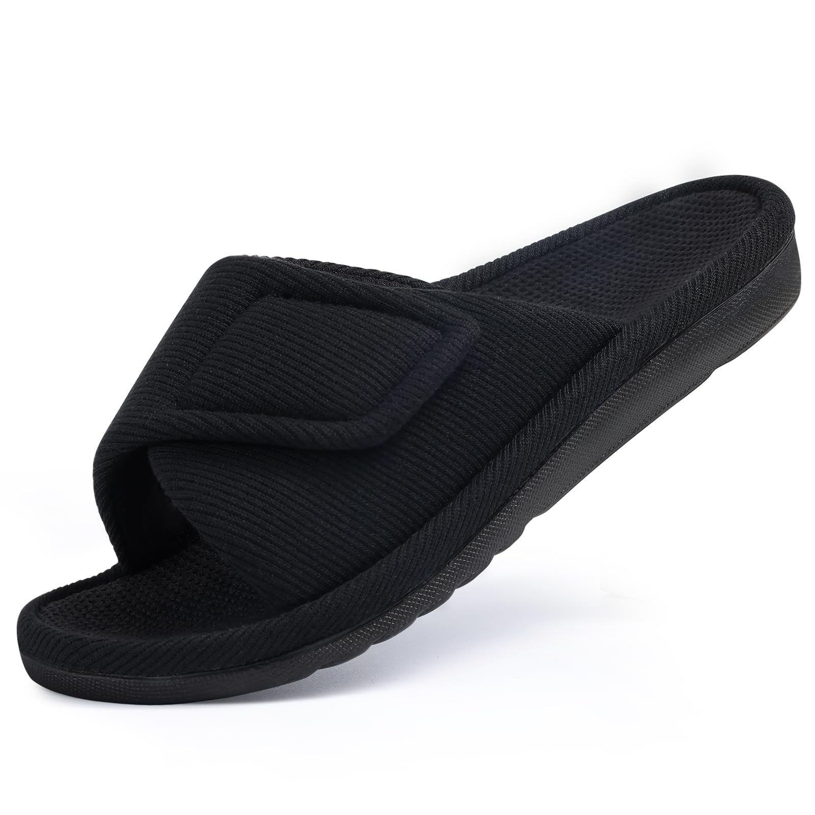 Photo 1 of shevalues Summer House Slippers for Women with Arch Support Breathable Waffle Cotton Indoor Slippers Slip on Open Toe Home Shoes, Carbon Black 40
