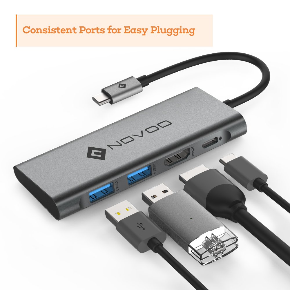 USB C Hub, NOVOO 4 in 1 Aluminum Type C Hub with HDMI 4K Adapter, USB C PD Charging Port, 2 USB 3.0 ports for MacBook Pro 2017/2016, HW MateBook, Chromebook, Samsung S8 and Other Type C Devices