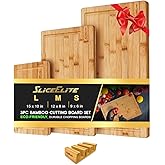 SliceElite 3pc Bamboo Cutting Board Set with Silicone Feet and Holding Rack