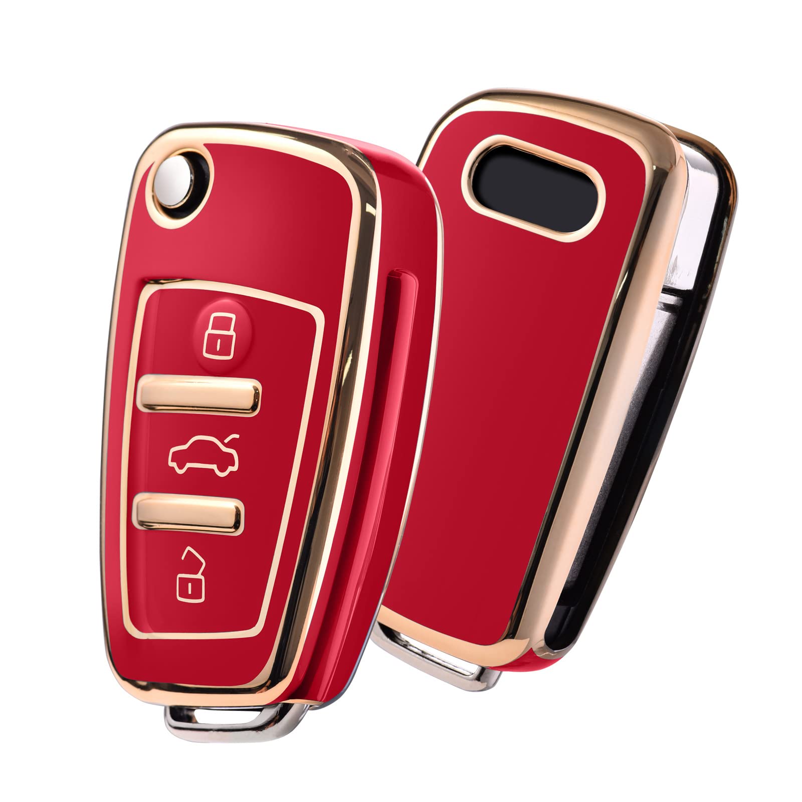 OATSBASF Car Key Cover for Audi, Car Key Case Compatible with Audi A1 A3 A4 A6 Q3 Q5 Q7 S3 R8 TT Remote Protector Case TPU Silicone (Golden Edge Red)