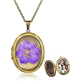 Pressed Flower Necklace,Handmade Oval Shaped Photo Locket Necklace,Birth Flower Necklace for Women,Personalized Vintage Picture Locket Necklace