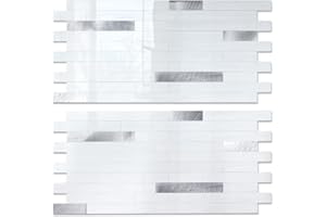 Yipscazo 40 Sheets Peel and Stick Stone Metal Backsplash Tiles, PVC Wall Tiles Stick on Backsplash for Kitchen, Bathroom (6'' X 12'', White with Grey)