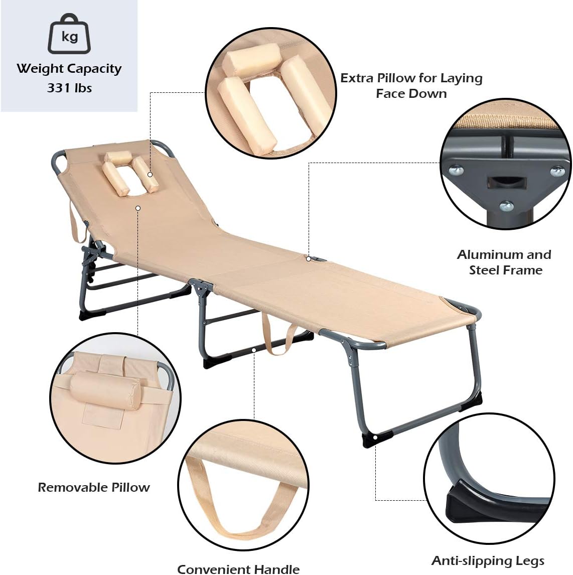 GYMAX Beach Chaise Lounge, Adjustabel Folding Sunbathing Recliner with Face Hole & Removable Pillow, Portable Folding Cot for Beach Patio Backyard (1, Sand): Garden & Outdoor