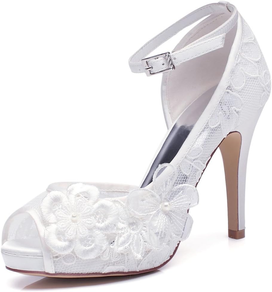 YOOZIRI White Lace Wedding Shoes for Bridal with Floral brooches Medium Heel 4inch Peep Toe-RS8860-Ivory