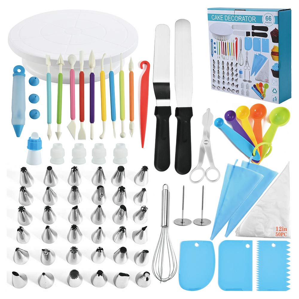 Cake Decorating Supplies Kit for Beginners, Set of 66, Baking Pastry Tools, 1 Turntable stand-36 Numbered Icing Tips with Pattern Chart, Angled Spatula, Baking Tools