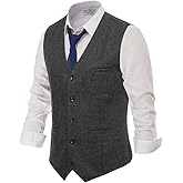PJ PAUL JONES Men's Western Herringbone Tweed Suit Vest Wool Blend V Neck Slim Fit Waistcoat