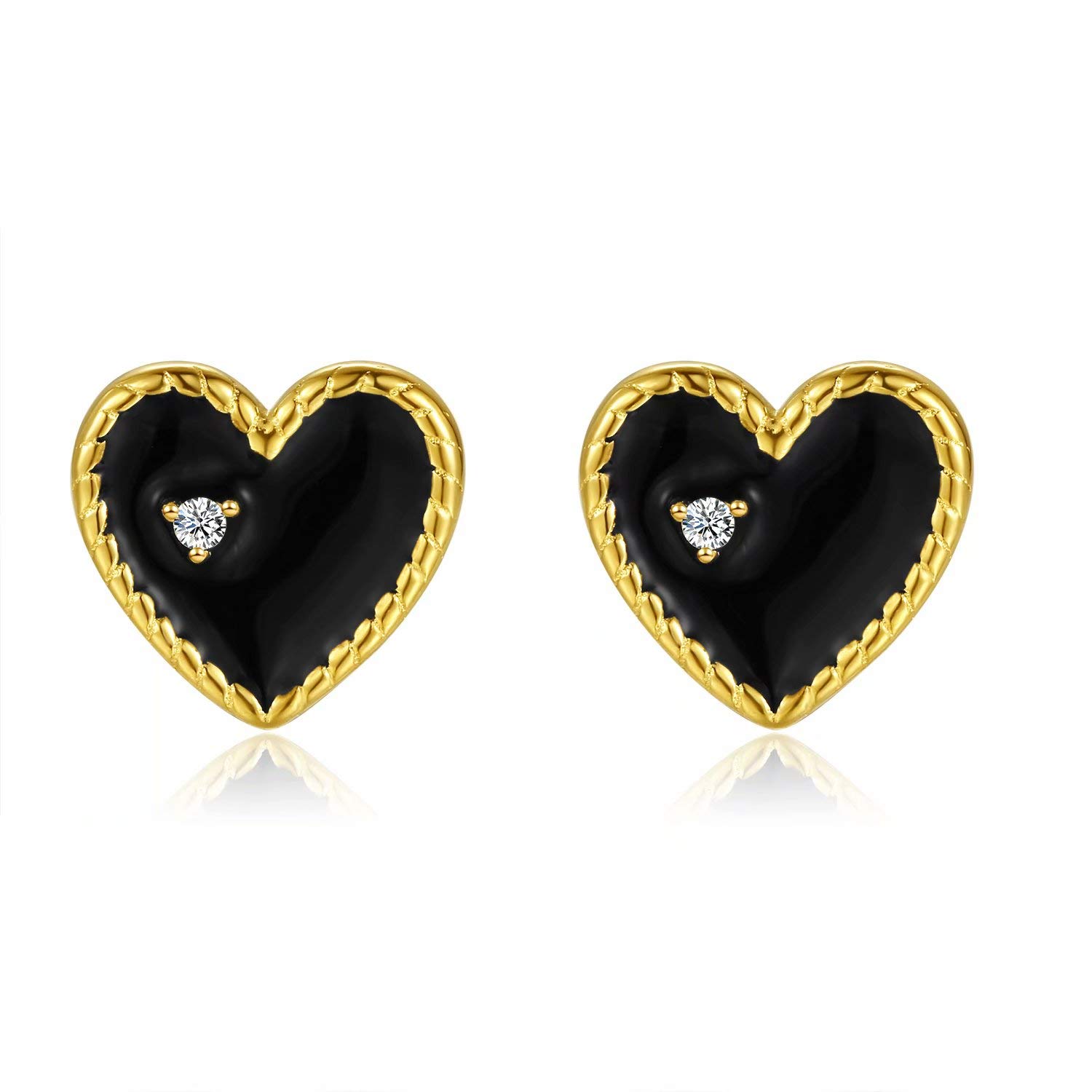Qings Gold Plated Black Heart Stud Earrings 925 Sterling Silver with Sparkling Star Cubic Zircon as Birthday Gift for Women and Girls