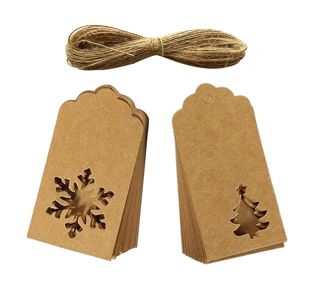 50 Pieces Paper Gift Tags Kraft Hang Labels Christmas Tree Snowflake Shape Hanging Labels with Twines String for Gift Wrapping — image 1