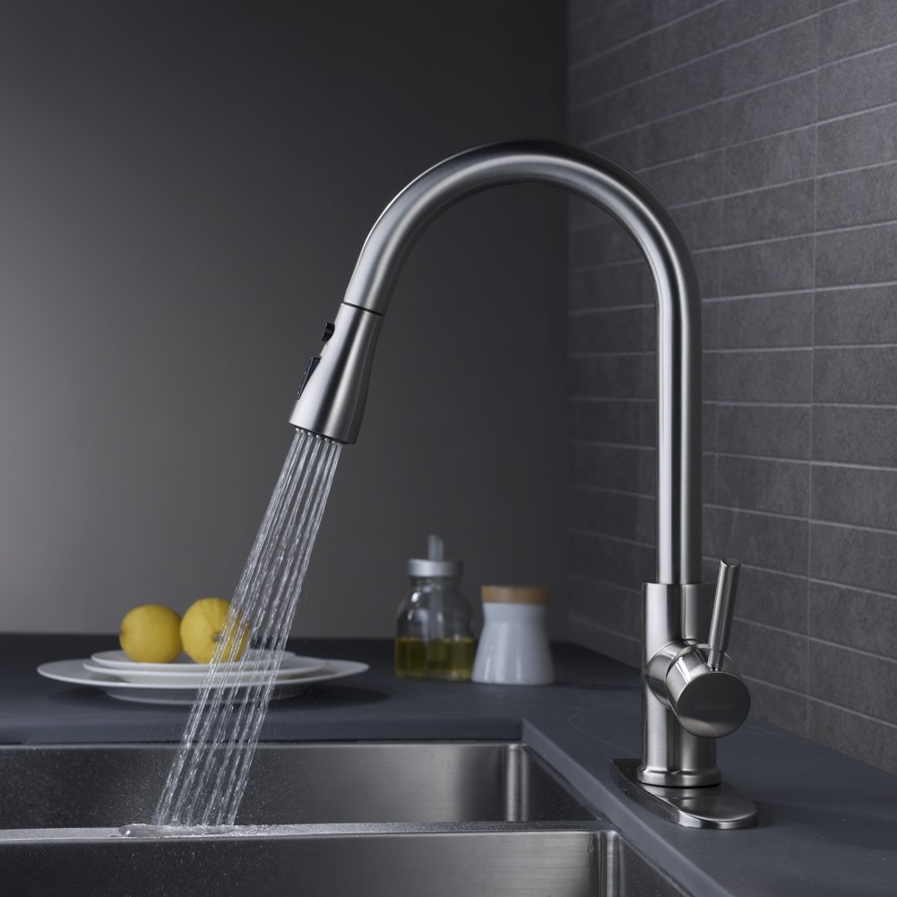 Wewe Single Handle High Arc Brushed Nickel Pull Out Kitchen Faucet
