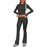 Women's Cotton Lounge Flared Legging Set Two Piece Outfits Basic Long Sleeve Crop Tops Low Rise Fold Over Yoga Pants