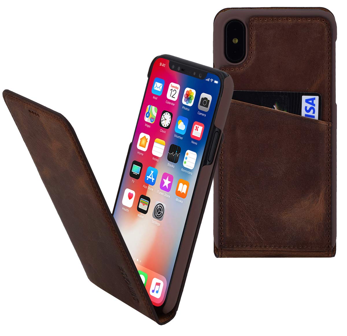 Suncase Original Flip-Style Leather Case for iPhone X / iPhone XS in Antique Coffee