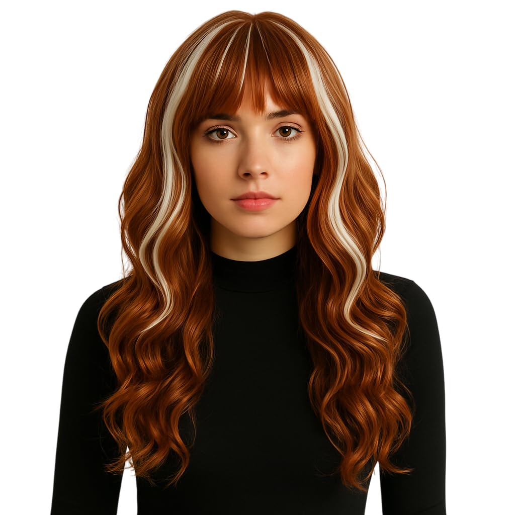 Long Wig - Synthetic Hair - Wavy - 72 cm - Woman - Cosplay - Disguise - Halloween - Carnival - Accessories - Brown Color With White Maches