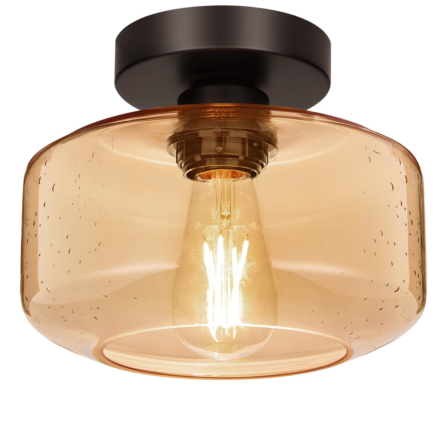 Lynnoland Industrial Semi Flush Mount Ceiling Light, Amber Seeded Glass Shade Ceiling Light Fixture, Light Fixture for Hallway Bathroom Bedroom, Vintage Hanging Light Fixtures Image