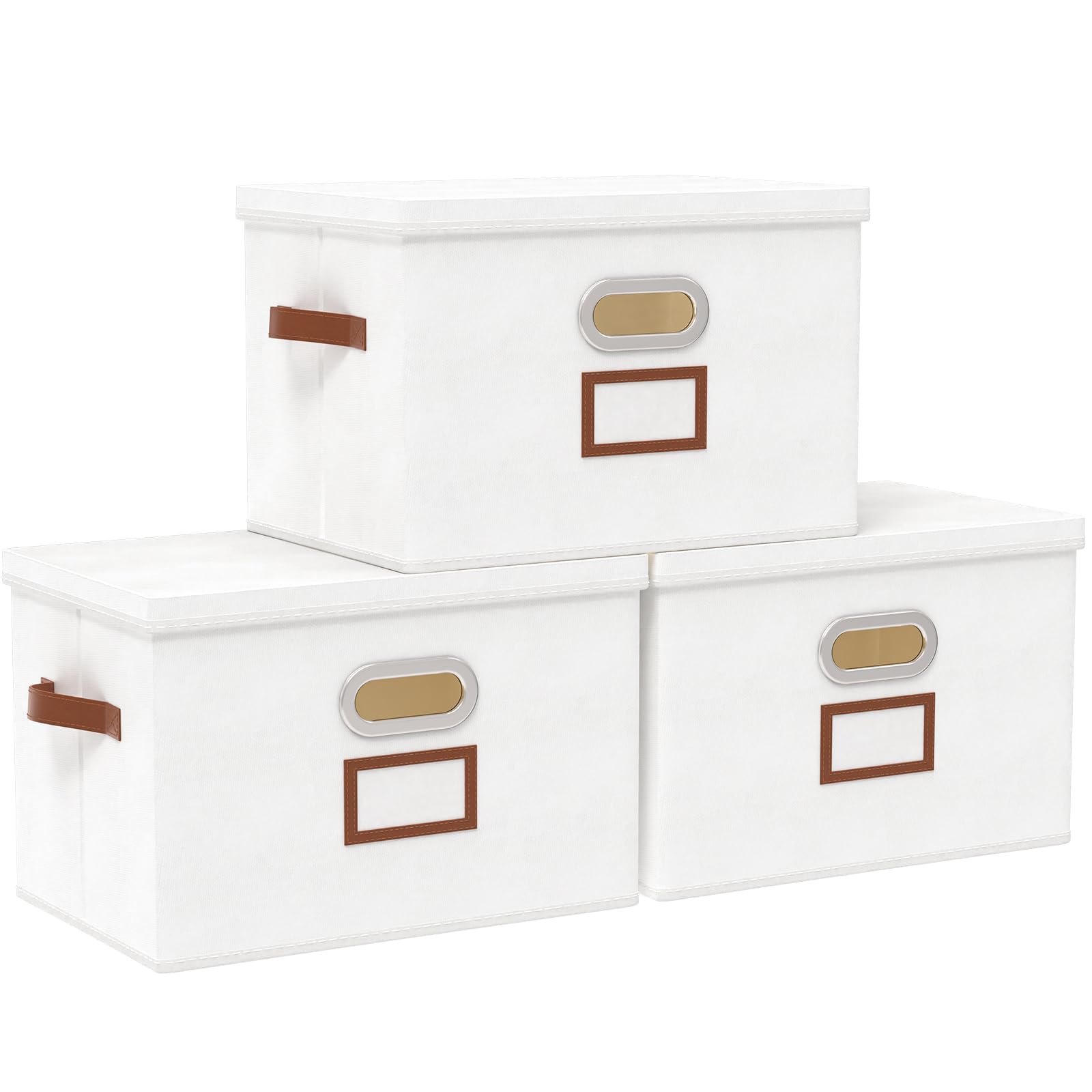 OUTBROS Fabric Storage Boxes with Lids, Collapsible Organiser for Shelves, Cube Wardrobe Baskets, Home Office Shelves Bins, 45 x 30 x 30 cm, White, 3-Pack
